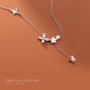 925 Silver CZ Butterfly Pendant Choker Necklace