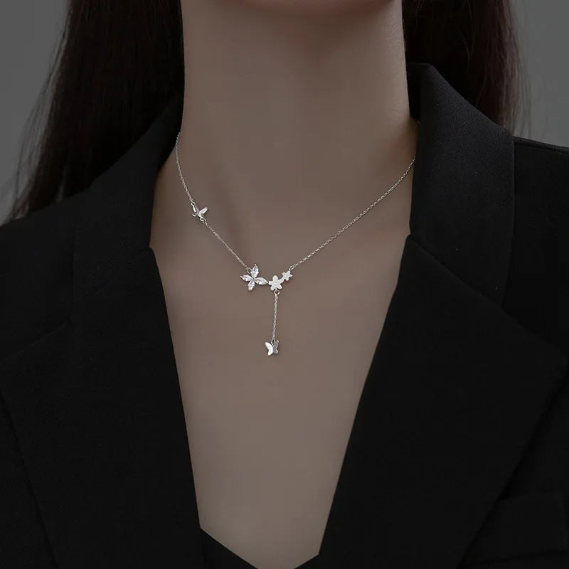 925 Silver CZ Butterfly Pendant Choker Necklace