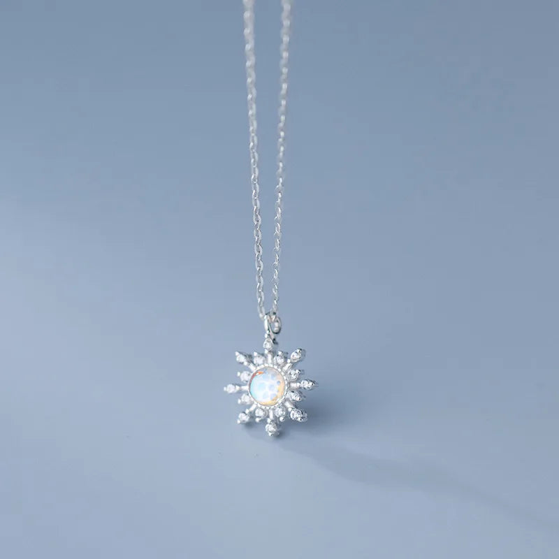 Genuine 925 Sterling Silver Sun Pendant Necklace with Crystals