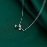 925 Sterling Silver CZ Rose Flower Branch Leaf Pendant Necklace