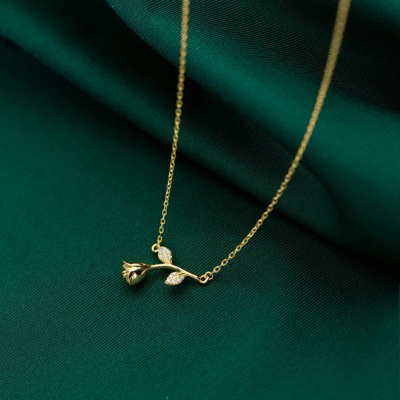 925 Sterling Silver CZ Rose Flower Branch Leaf Pendant Necklace