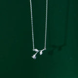925 Sterling Silver CZ Rose Flower Branch Leaf Pendant Necklace