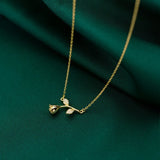 925 Sterling Silver CZ Rose Flower Branch Leaf Pendant Necklace