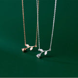 925 Sterling Silver CZ Rose Flower Branch Leaf Pendant Necklace