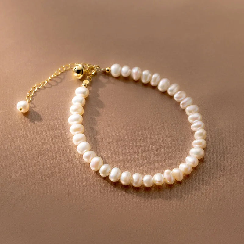 925 Sterling Silver Pearl Baroque Chain Bracelet Bell Women's