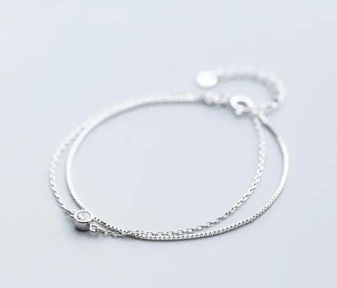 925 Sterling Silver Double Rows & Solitaire CZ Chain Bracelet