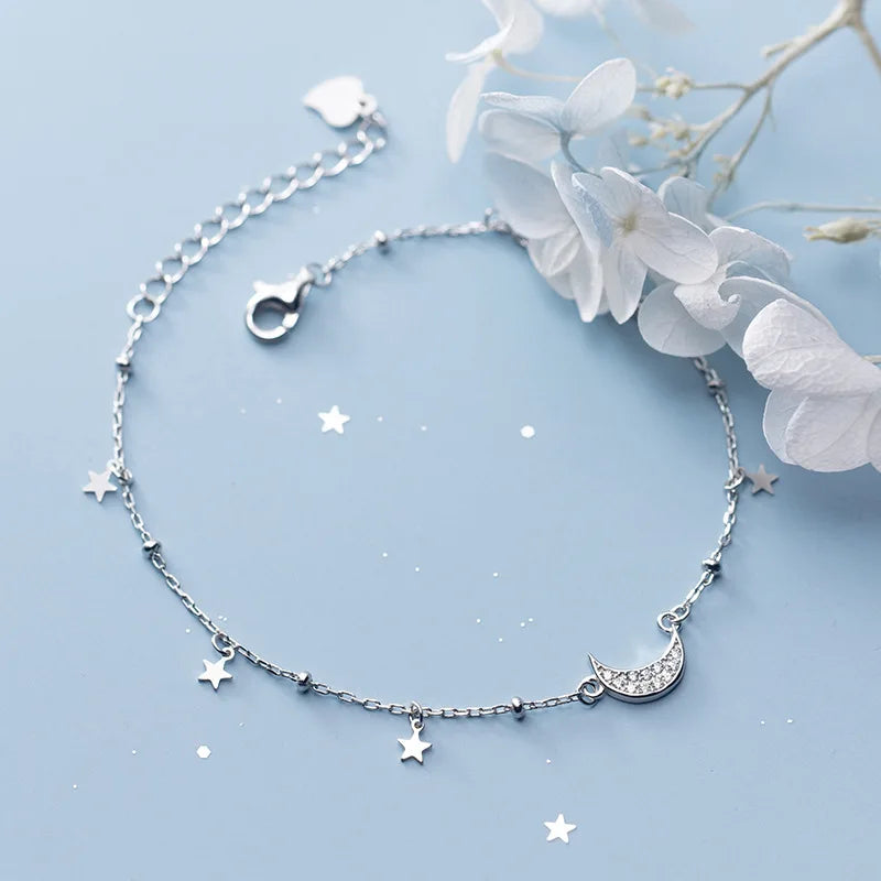 925 Sterling Silver Star & Mini CZ Moon Chain Bracelet