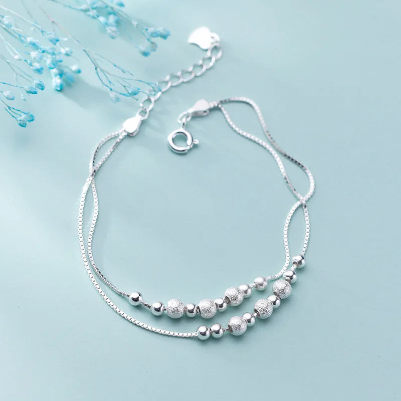 925 Sterling Silver Double Rows Brushed & Polished Bracelet