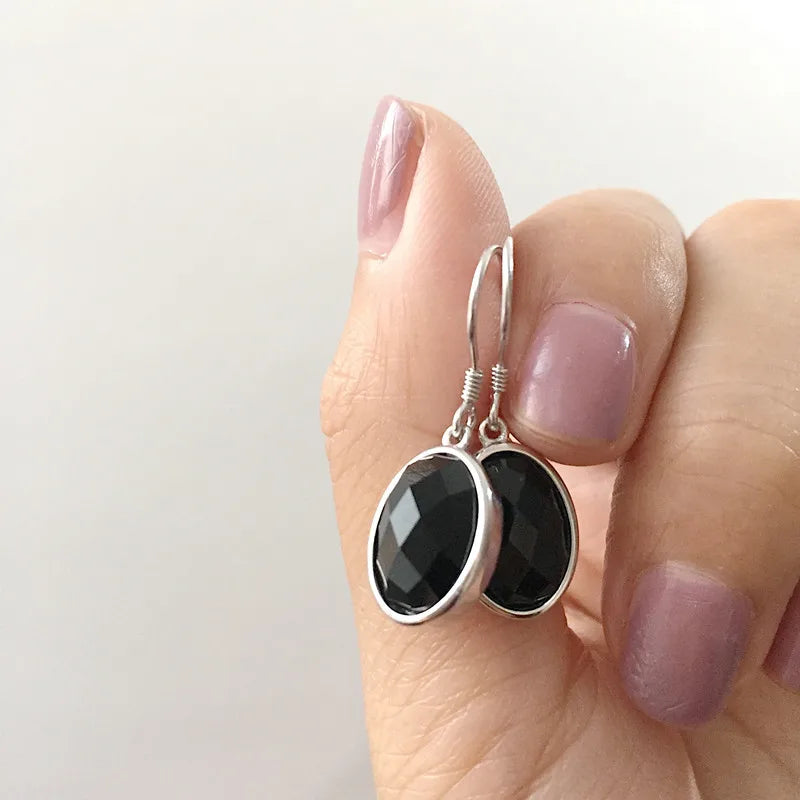925 Sterling Silver Agate Oval Hook Dangle Earrings