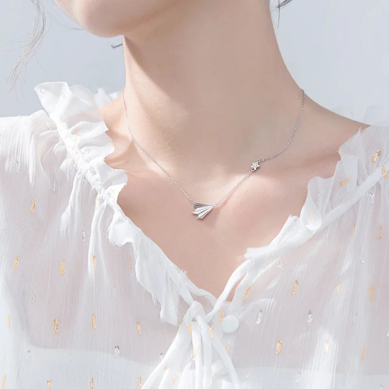 925 Silver CZ Star & Paper Plane Pendant Necklace GTLX1860