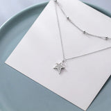 Silver 925 Double Rows Stars CZ Pendant Choker Necklace