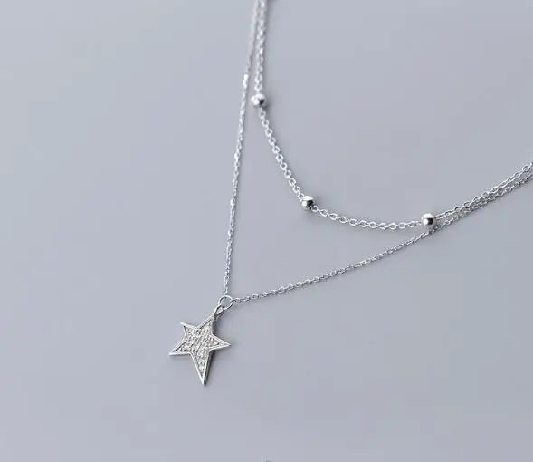 Silver 925 Double Rows Stars CZ Pendant Choker Necklace
