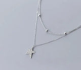 Silver 925 Double Rows Stars CZ Pendant Choker Necklace