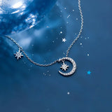 Sterling Silver CZ Moon & Star Pendant Necklace Choker