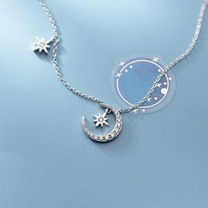 Sterling Silver CZ Moon & Star Pendant Necklace Choker