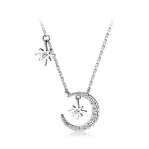 Sterling Silver CZ Moon & Star Pendant Necklace Choker