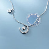 Sterling Silver CZ Moon & Star Pendant Necklace Choker