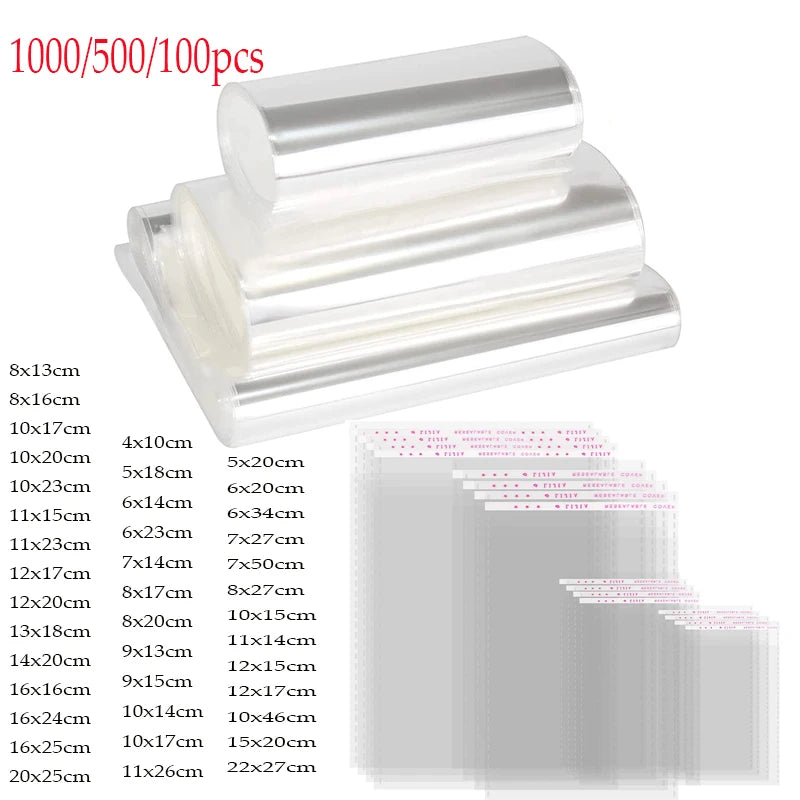 1000-100pcs Clear Plastic Self Adhesive Bag Jewelry Candy Packaging