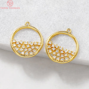 4PCS 15x17MM 24K Brass Zircon Round Charm Pendants DIY Jewelry Making