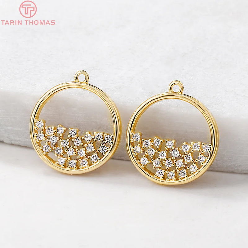 4PCS 15x17MM 24K Brass Zircon Round Charm Pendants DIY Jewelry Making