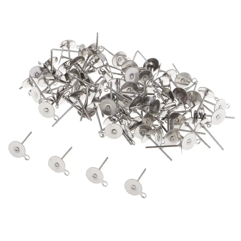 100PC DIY EARRINGS POSTS Silver Plated 6MM Flat Pad Ear Stud Findings