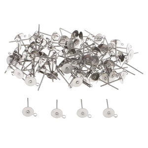 100PC DIY EARRINGS POSTS Silver Plated 6MM Flat Pad Ear Stud Findings