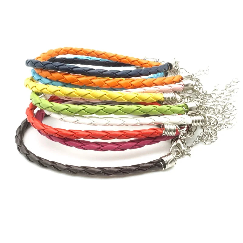 100PCS Colorful PU Leather Braided Chain Bracelet DIY Beads Charm