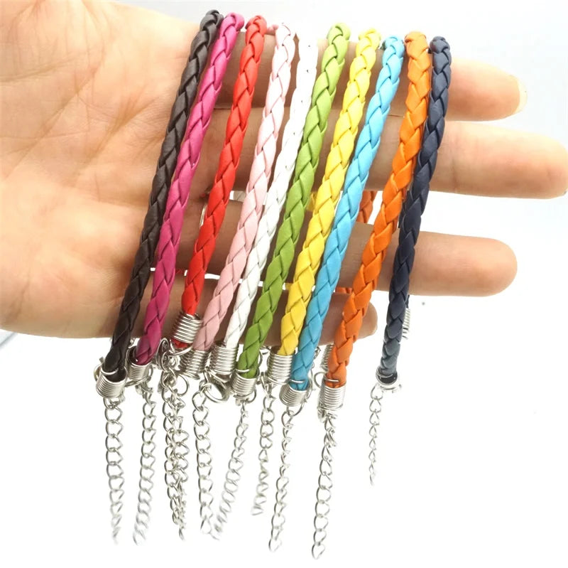 100PCS Colorful PU Leather Braided Chain Bracelet DIY Beads Charm