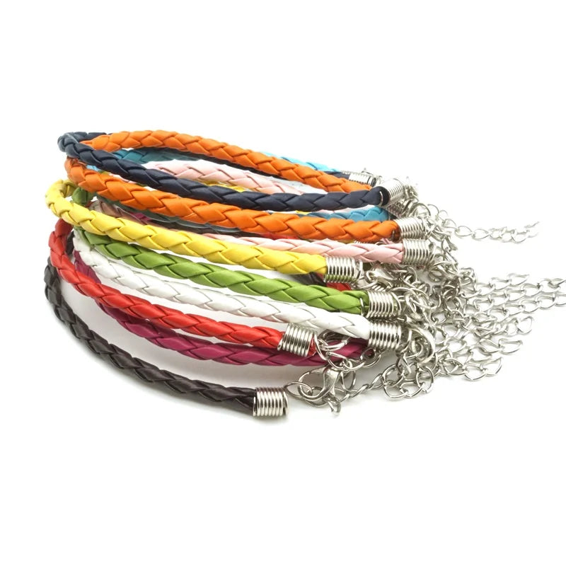 100PCS Colorful PU Leather Braided Chain Bracelet DIY Beads Charm