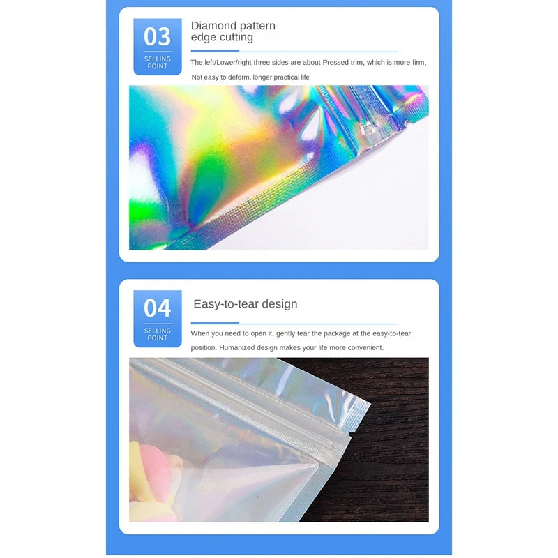 100PCS Holographic Resealable Bags For Party Favor Food Storage