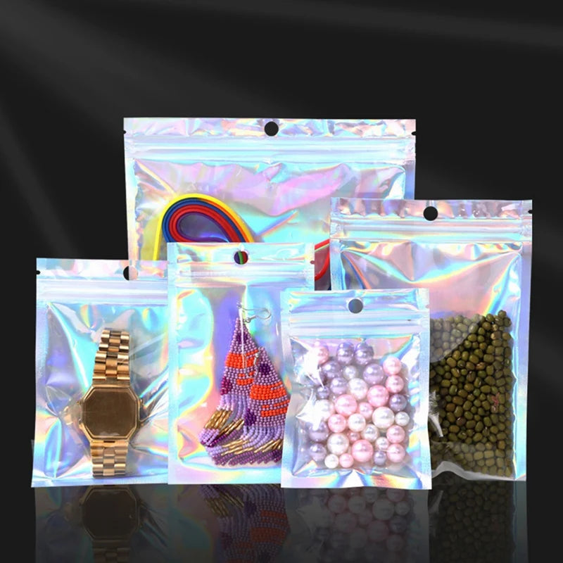 100PCS Holographic Resealable Bags For Party Favor Food Storage
