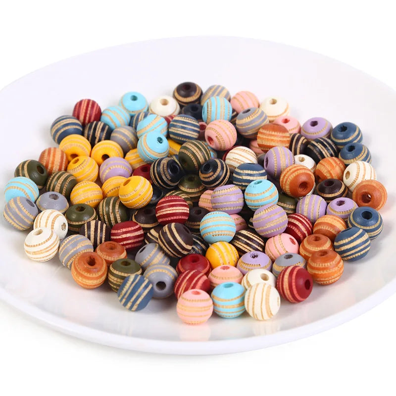 100PCS Multicolor Round Striped Wooden Beads DIY Bracelet Necklace Wood Bead