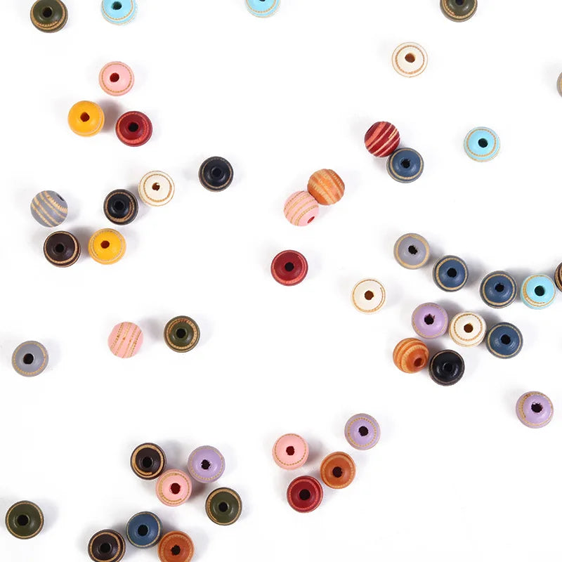 100PCS Multicolor Round Striped Wooden Beads DIY Bracelet Necklace Wood Bead
