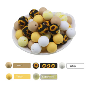 100Pc Mixed Sunflower Daisy Print Silicone Beads 15mm Yellow Leopard Ball