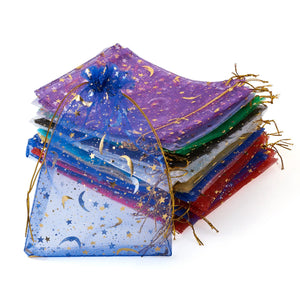 100Pcs Star Moon Printed Rectangle Organza Drawstring Gift Bags