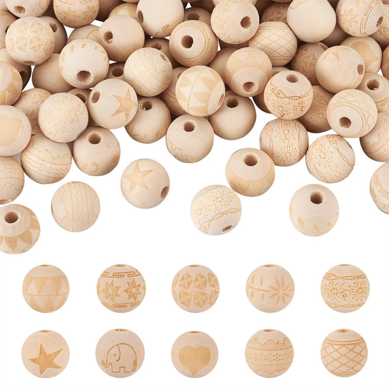 100Pcs Unfinished Natural Wood European Beads for DIY with Flower Pattern
