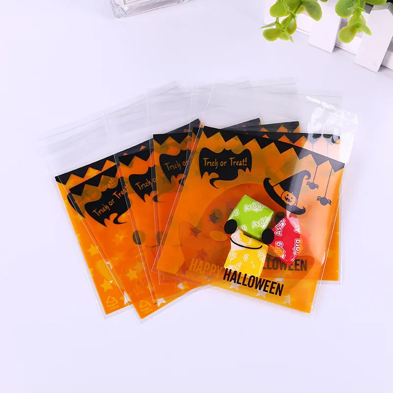 100Pcs Happy Halloween Self-adhesive Bags Candy Gift Biscuits Snack Jewelry Bags