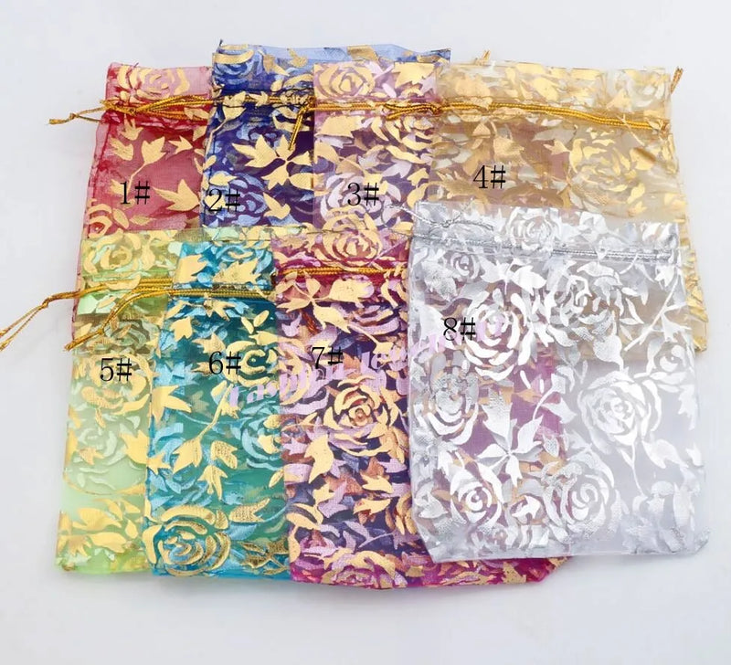 100Pcs 8colors Rose Organza Bags Jewelry Pouches Candy 9X12cm