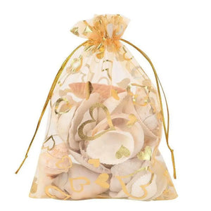 100Pcs 9X12cm Sheer Drawstring Heart Organza Pouches (Gold)