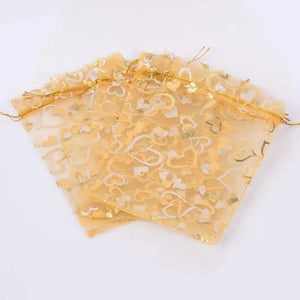 100Pcs 9X12cm Sheer Drawstring Heart Organza Pouches (Gold)