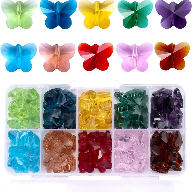100Pcs Crystal Butterfly Beads Charms 14mm Glass Pendants DIY Jewelry Making