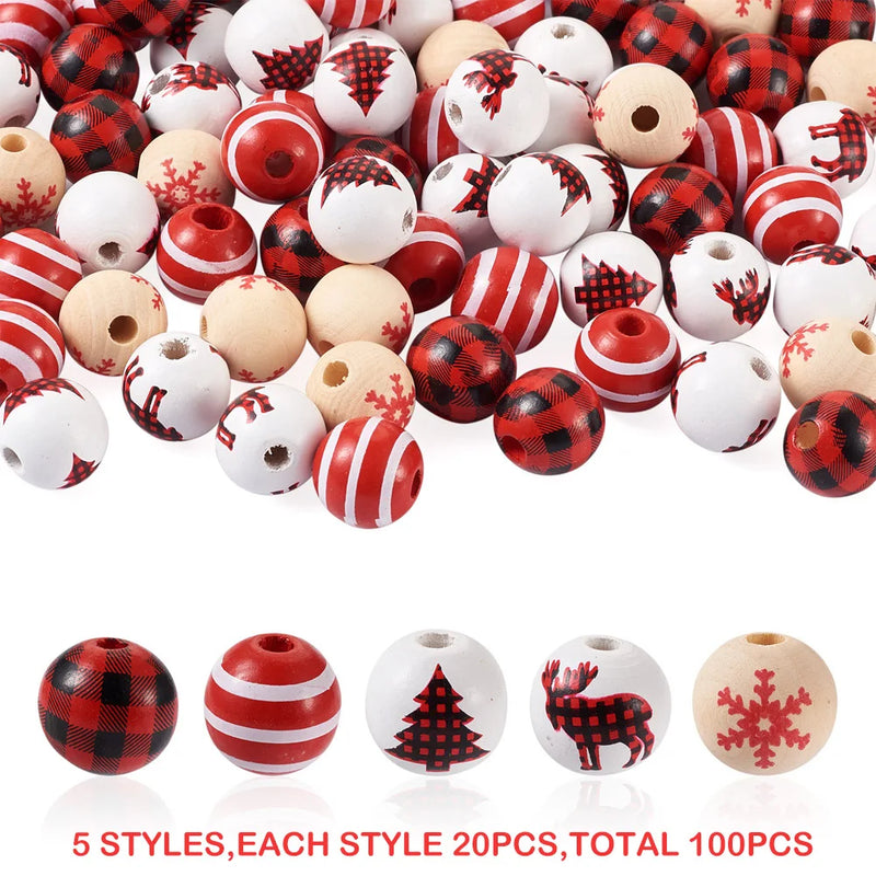 100Pcs Christmas Wooden Beads Snowflake Elk Red Plaid Xmas Decoration