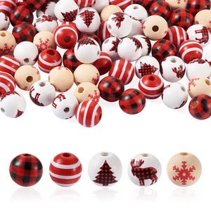 100Pcs Christmas Wooden Beads Snowflake Elk Red Plaid Xmas Decoration