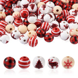 100Pcs Christmas Wooden Beads Snowflake Elk Red Plaid Xmas Decoration