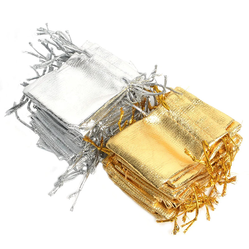 100Pcs Silver Foil Organza Drawstring Gift Bags 5.5x7cm Party Wedding Pouches