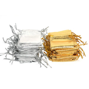 100Pcs Silver Foil Organza Drawstring Gift Bags 5.5x7cm Party Wedding Pouches