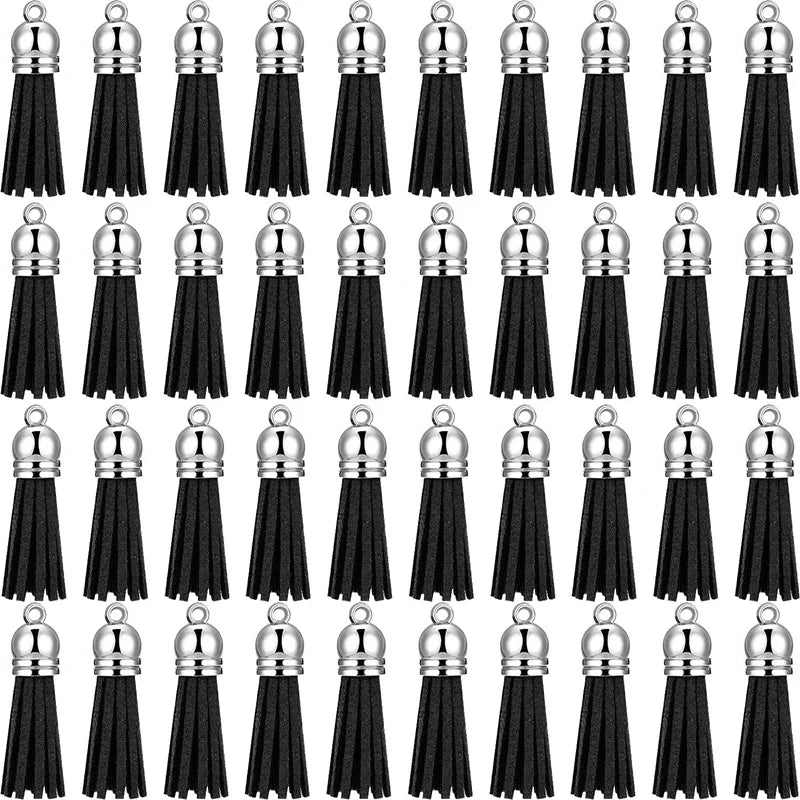 100Pcs Black Faux Suede Leather Tassel Keychain Pendants