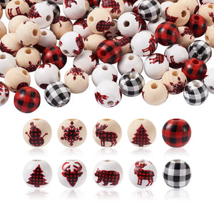 100Pcs Wooden Beads Christmas Mixed Pattern Spacer Beads