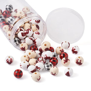 100Pcs Wooden Beads Christmas Mixed Pattern Spacer Beads