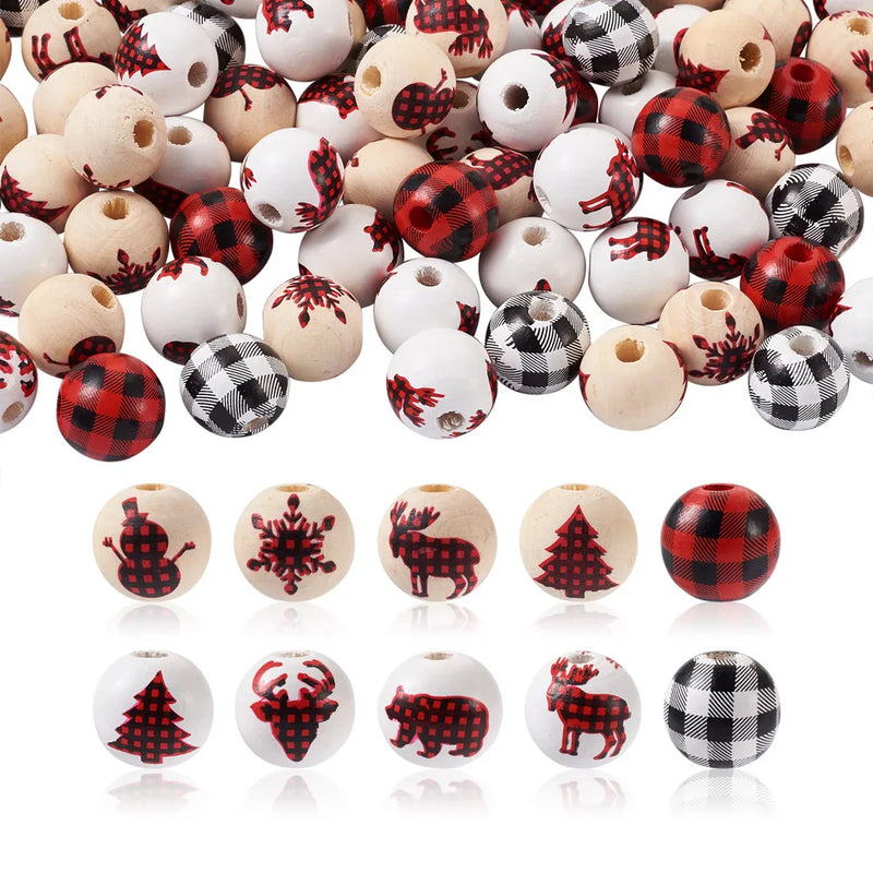 100Pcs Wooden Beads Christmas Mixed Pattern Spacer Beads